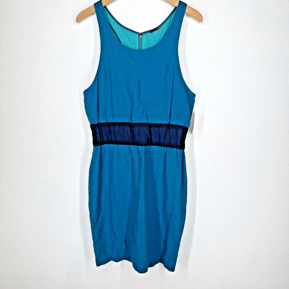 Loeffler Randall Teal Navy Linen Silk Lined Racerback Shift Dress Size 6 NEW